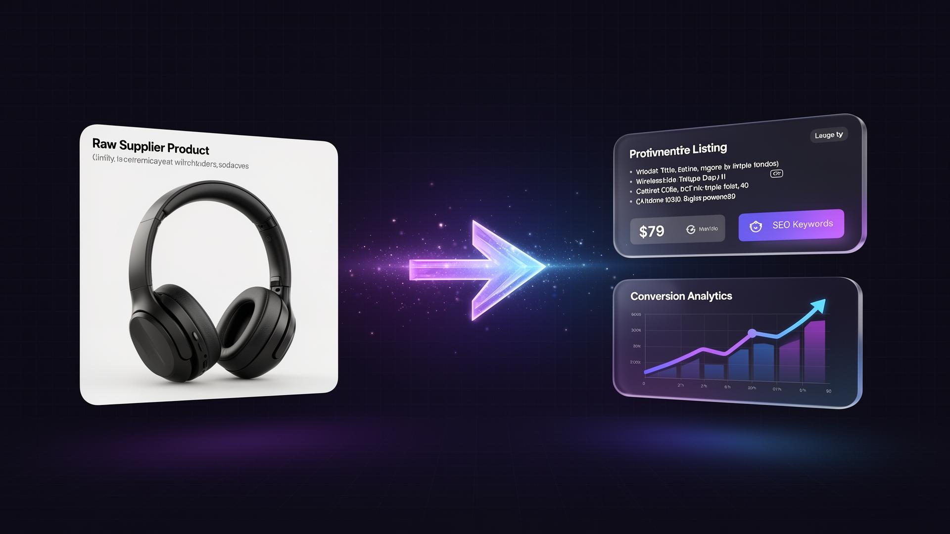 Nexyvora™ AI transforming a raw supplier product into an optimized ecommerce listing with conversion analytics